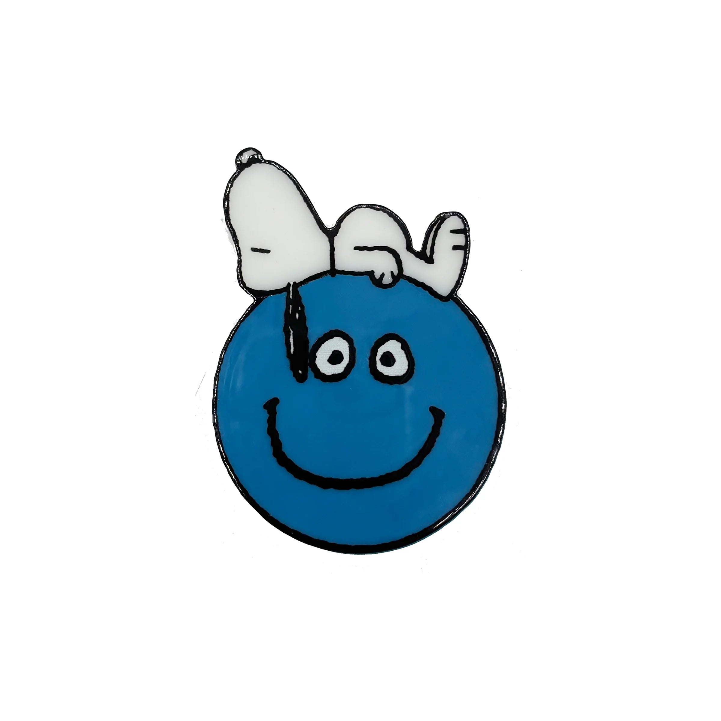 Front view of Snoopy Smiley compact mirror with blue smiley design.