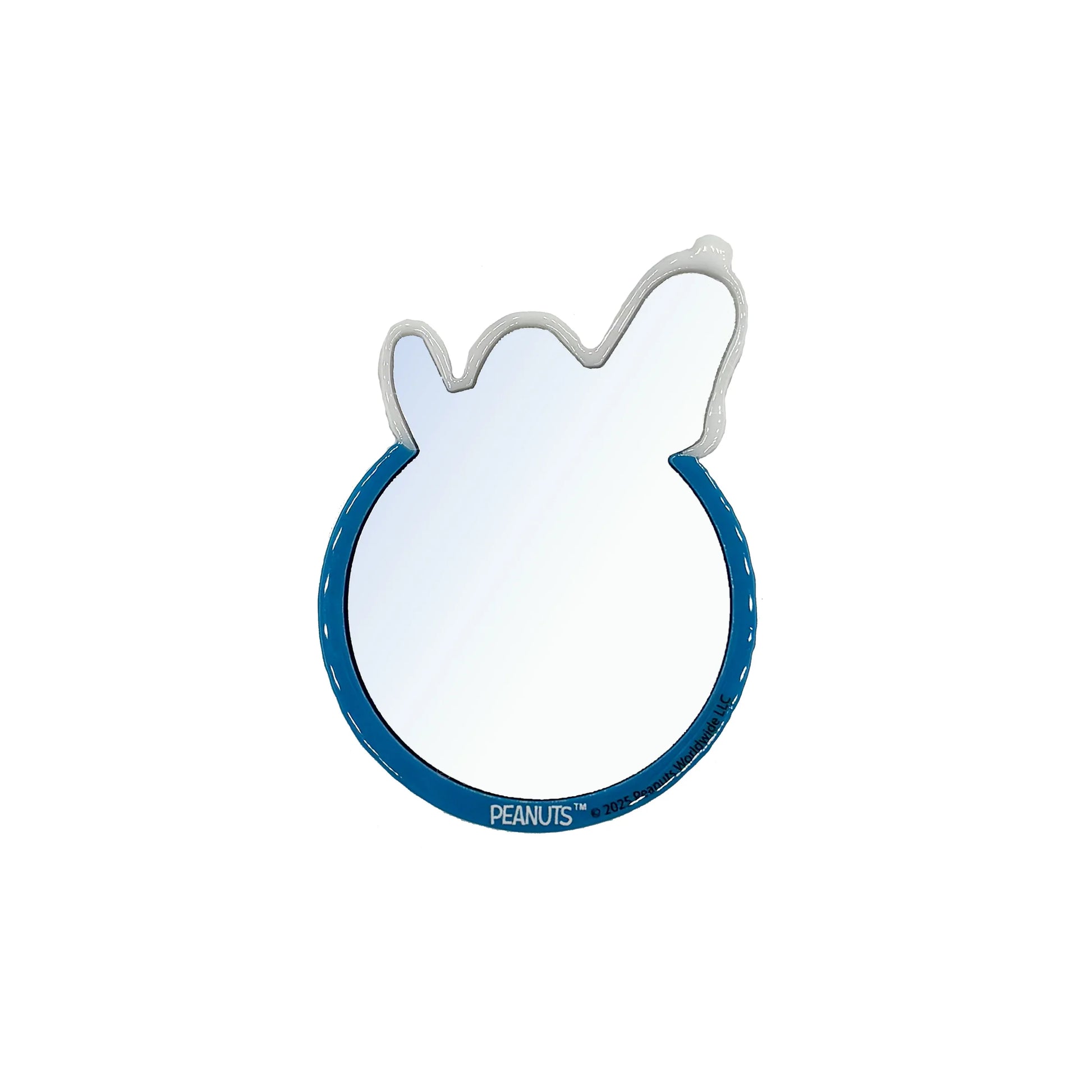 Reverse side of Snoopy Smiley compact mirror showing mirror and Peanuts logo.
