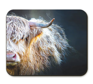 Close-up of the Peekaboo Highland Cow Placemat featuring a detailed Highland cow design.