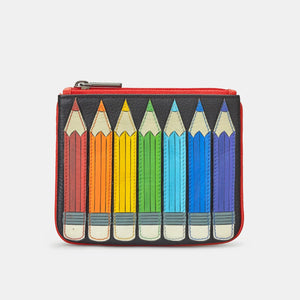 Front view: Zip-top black leather purse with colourful pencil appliqué design.