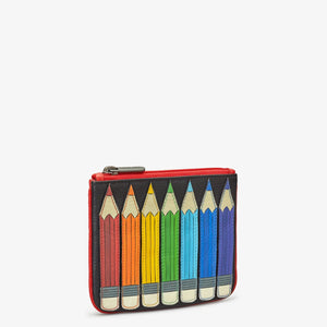 Side angle: Hand-stitched rainbow pencil design on compact leather purse.