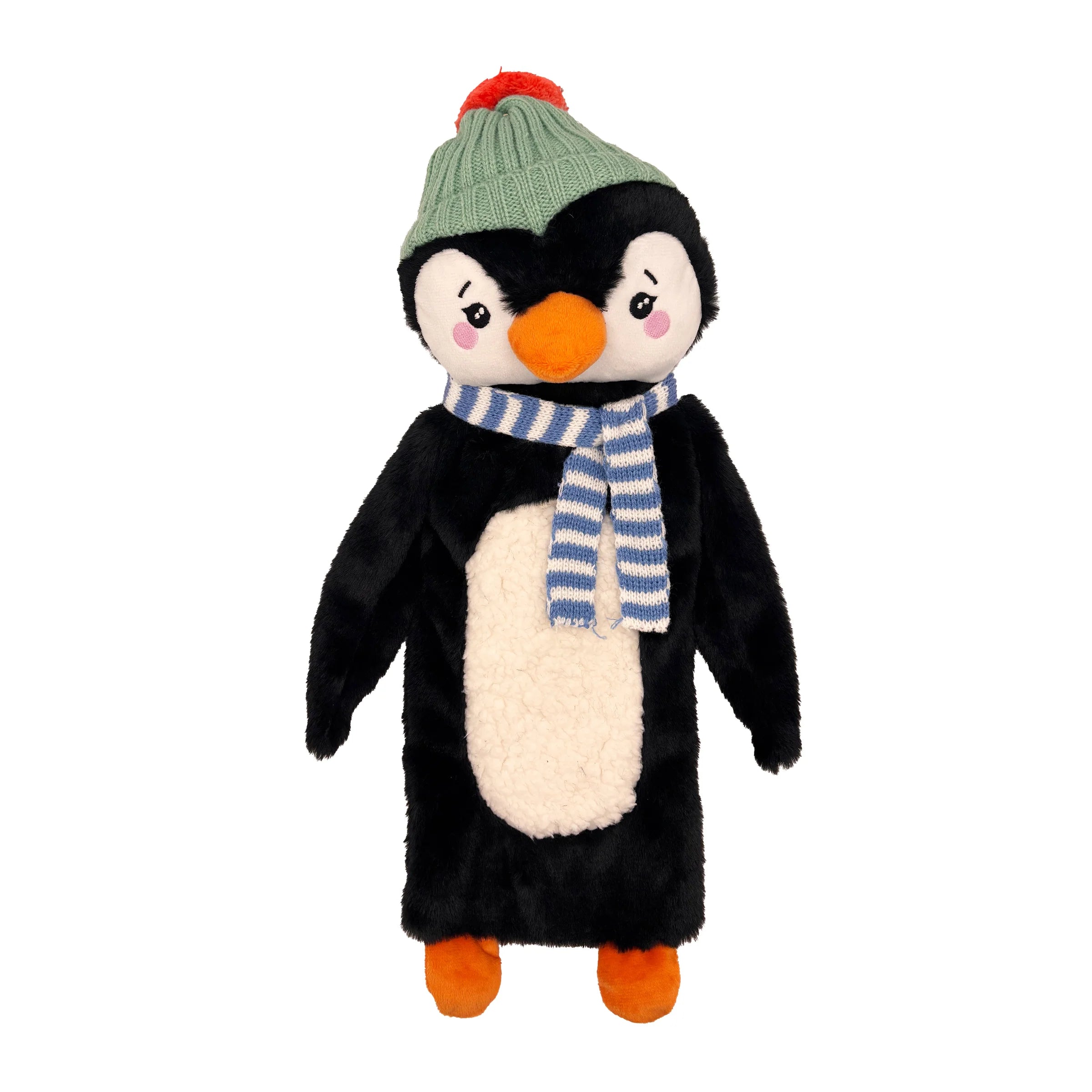 Front studio view of penguin hot water bottle with embroidered face and blue striped scarf.