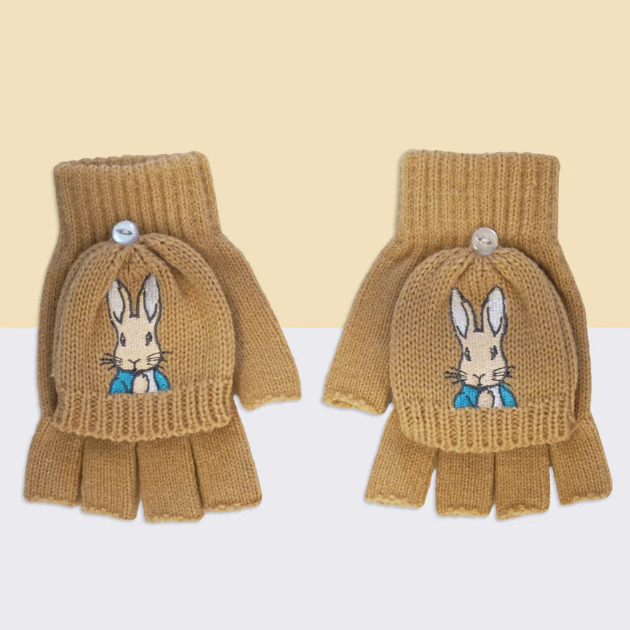 Neutral Peter Rabbit™ Mittens – tan knit flip-top gloves with Peter Rabbit embroidery on front.