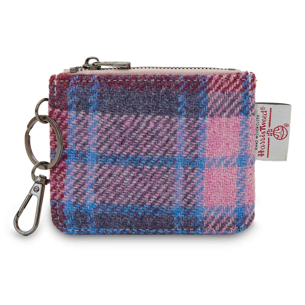 Pink and blue Harris Tweed® card zip wallet with leather trim and keychain by Islander.