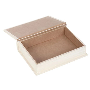 Open pink book-shaped box revealing empty MDF interior compartment.