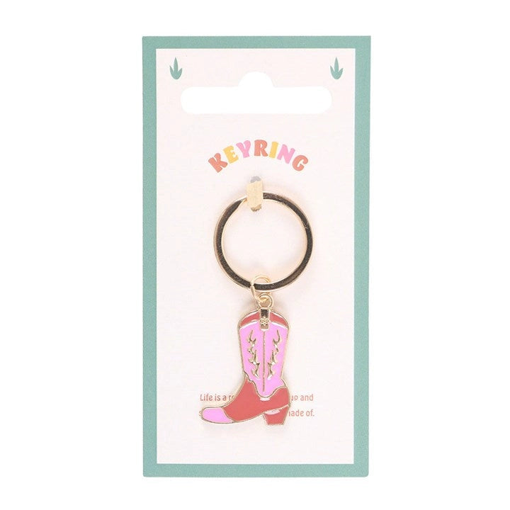 Western-style pink enamel boot keyring with gold ring.