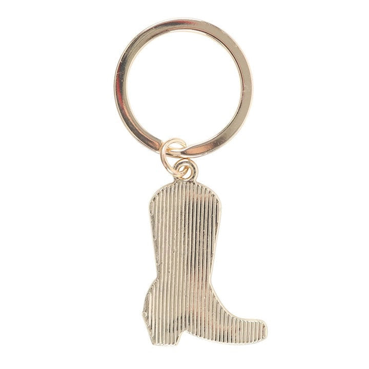Back view of gold cowboy boot keyring showing textured detail.