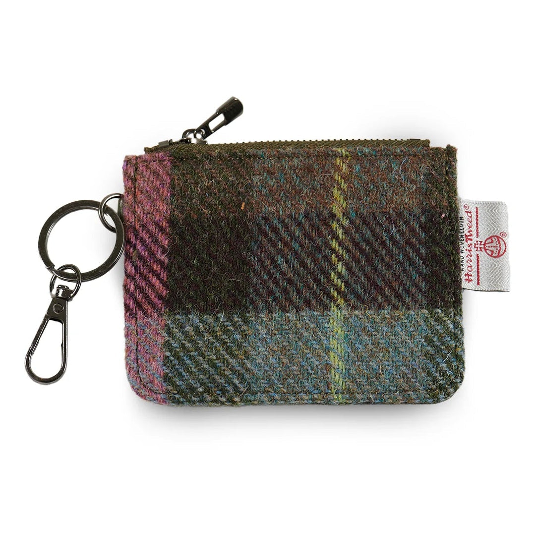 Pink and green Harris Tweed® card zip wallet with leather trim and keychain by Islander.