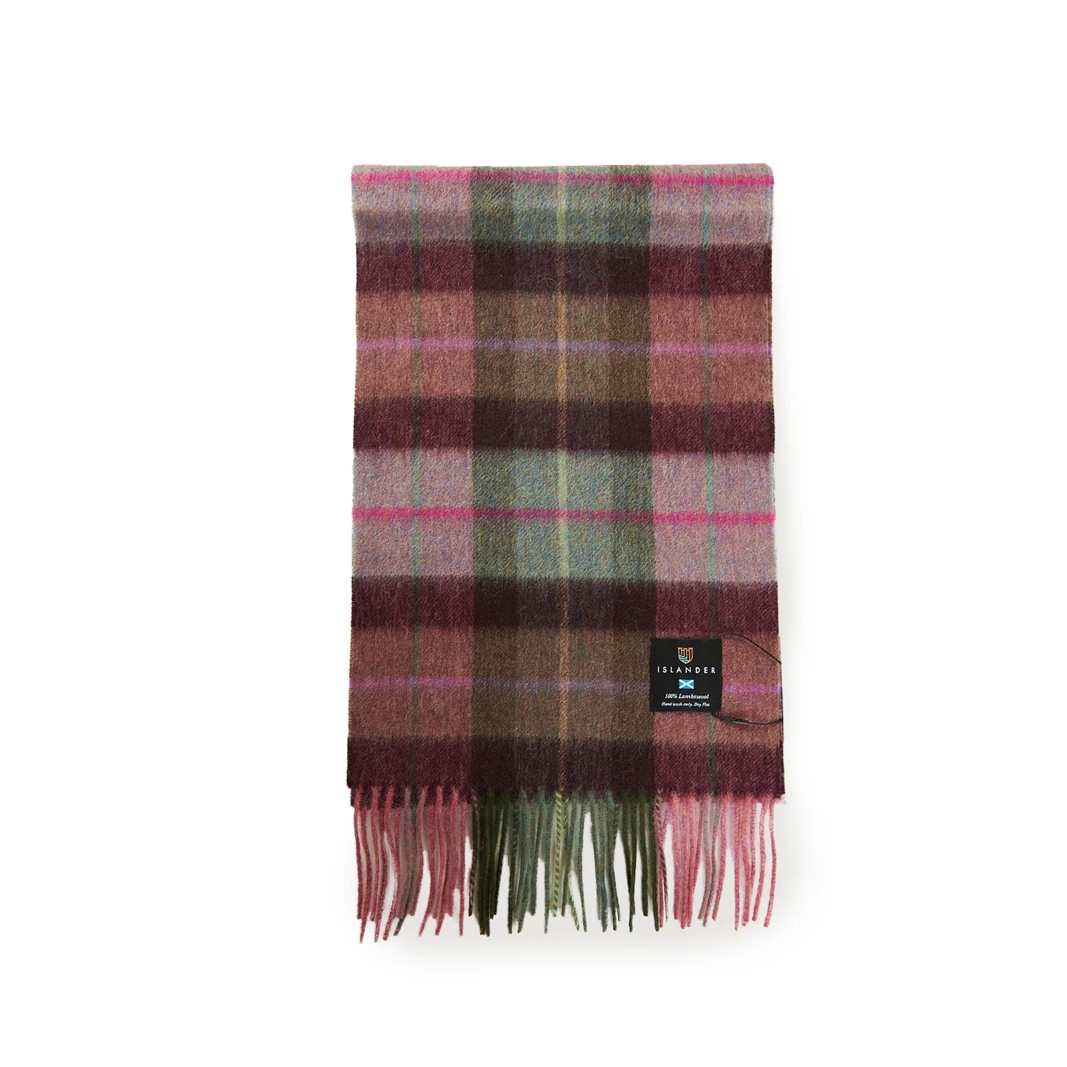 Pink and blue tartan lambswool scarf neatly folded with soft fringe edges, showing a mix of blush, blue, and green check pattern on a white background.
