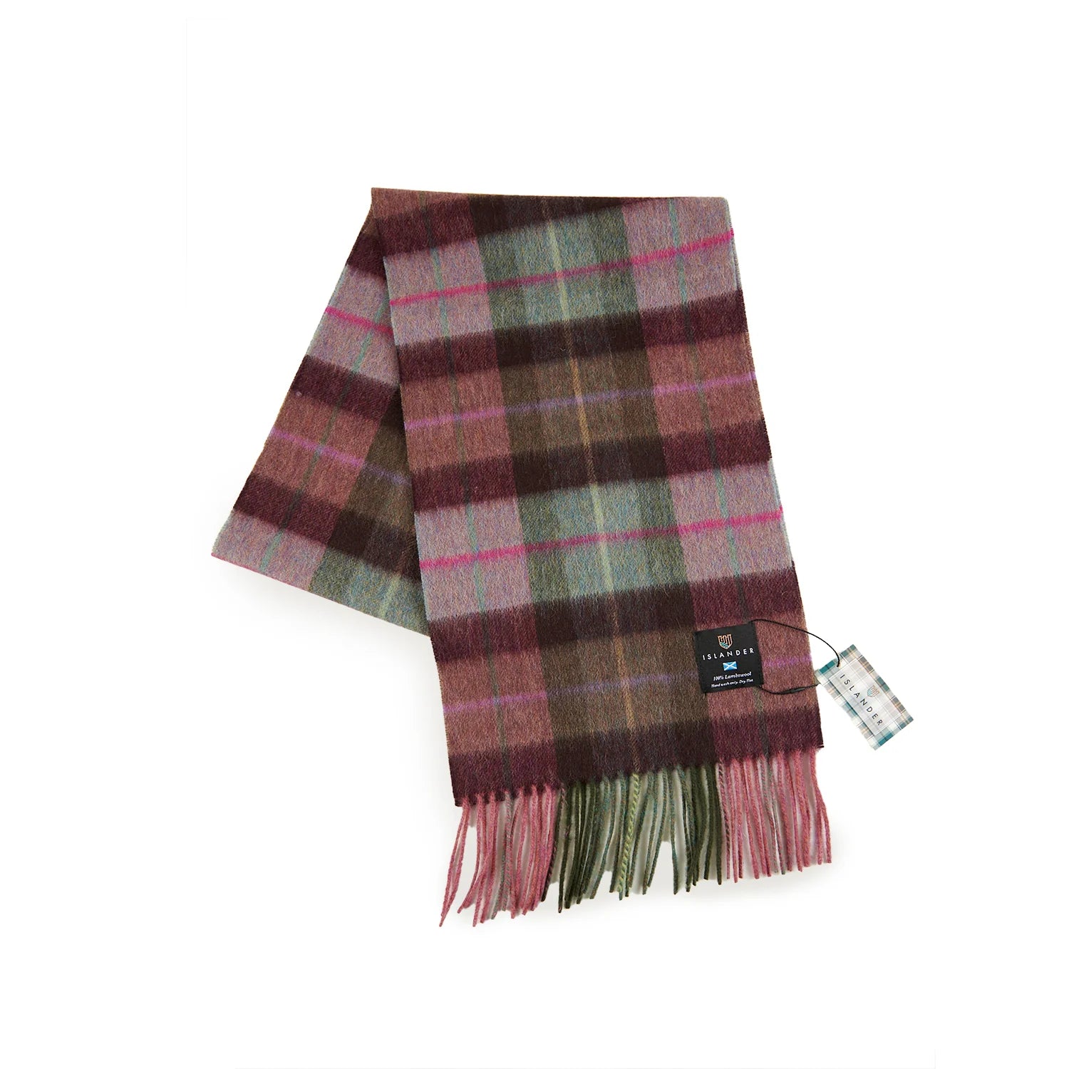 Pink and blue tartan lambswool scarf laid flat with soft fringed ends in pink and green tones, showcasing the full classic Scottish check pattern and woven texture.