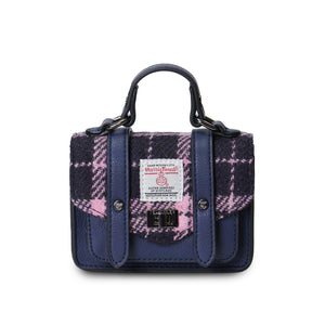 Islander Harris Tweed Wee Satchel with a Navy and Pink Tartan design and a navy PU leather Body.