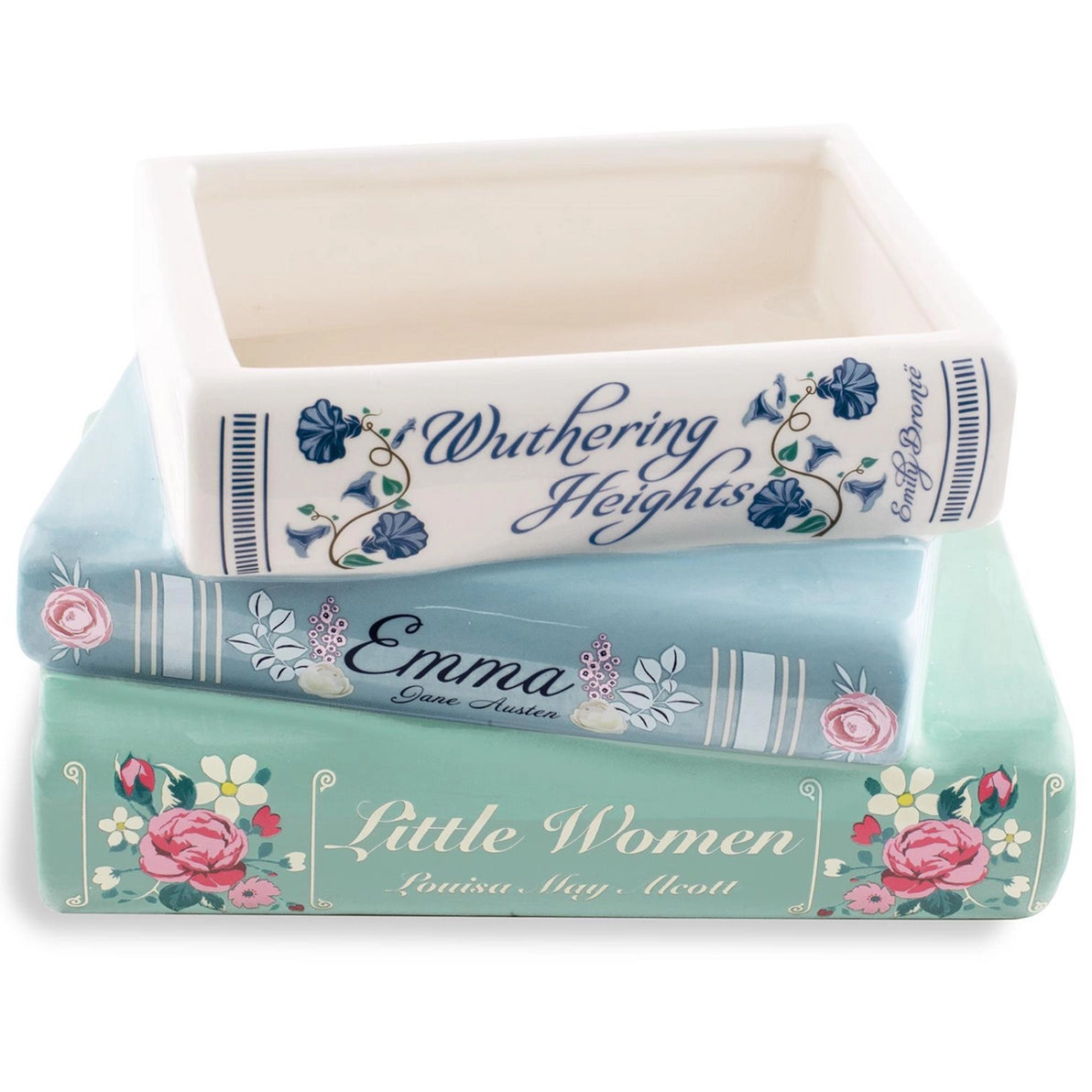Ceramic planter shaped like stacked classic books featuring Wuthering Heights, Emma, and Little Women.