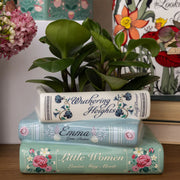 Stacked books ceramic planter with green plant on wooden shelf.