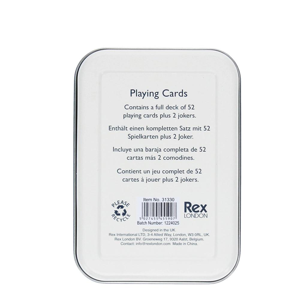 Back of Dog Park playing cards tin with product details and Rex London branding.