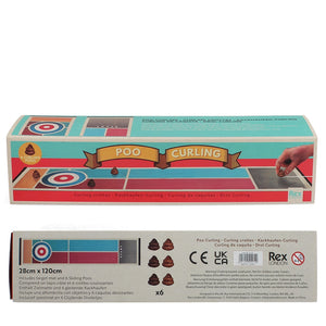 Back of Poo Curling Game box showing contents and dimensions.