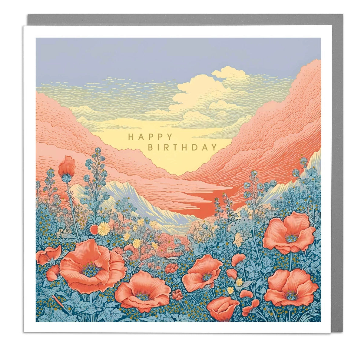 Poppy Fields Happy Birthday Card with illustrated red poppies and sunset sky.