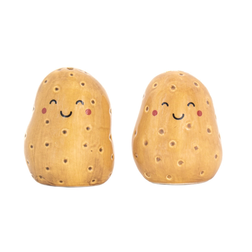 Ceramic Potato Salt and Pepper Shakers with smiling faces – quirky kitchen tableware gift.