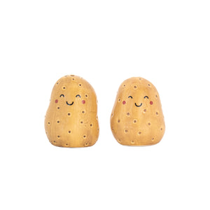 Ceramic Potato Salt and Pepper Shakers with smiling faces – quirky kitchen tableware gift.