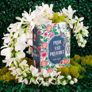 Pride and Prejudice ceramic book vase styled with white flowers, perfect for book lovers and literary home decor.