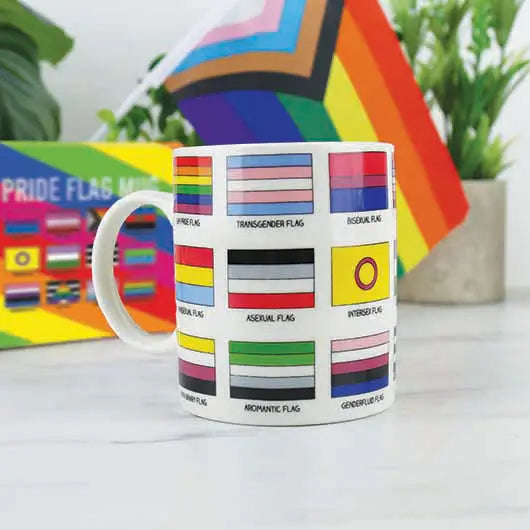 Pride Flag Mug showing multiple LGBTQ+ pride flags including transgender, bisexual, asexual, and genderqueer flags.