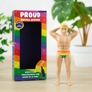 Front-facing image of the Proud Bottle Opener, showing a smiling character design with a smooth matte finish and sculpted arms and chest.