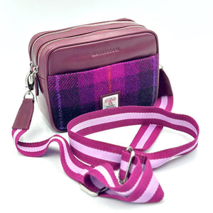 Purple Check: Sophisticated Harris Tweed Camera Bag in Purple Check with Oxblood vegan leather trim. With a removeable purple and pink strap.