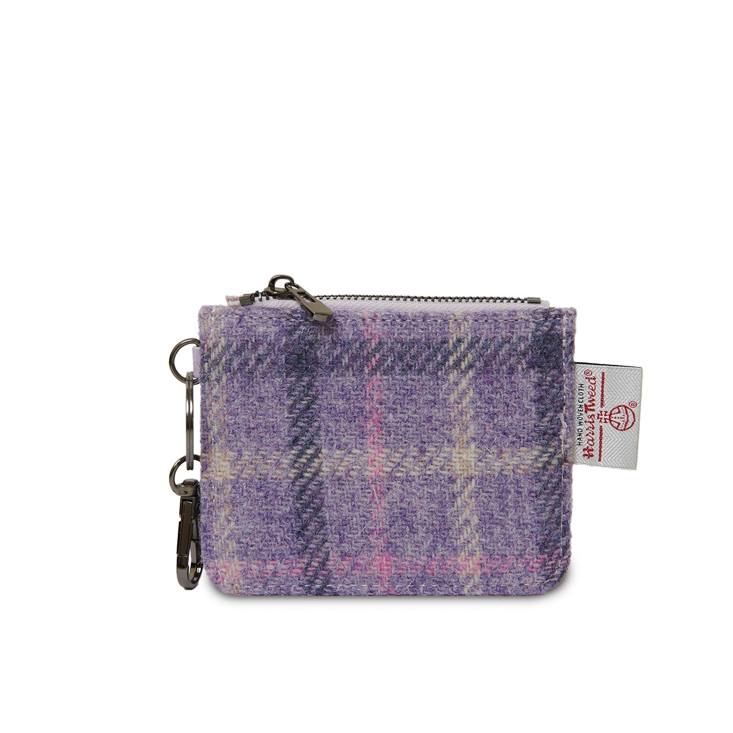 Purple tartan Harris Tweed® card wallet with zip and keyring.