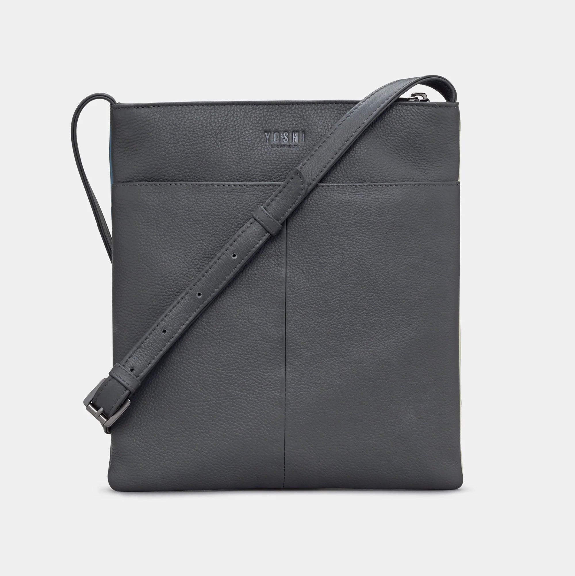 Back view of grey Yoshi Purrfect Neighbours leather cross body bag with adjustable strap and slip pocket.