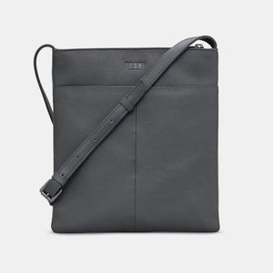 Back view of grey Yoshi Purrfect Neighbours leather cross body bag with adjustable strap and slip pocket.