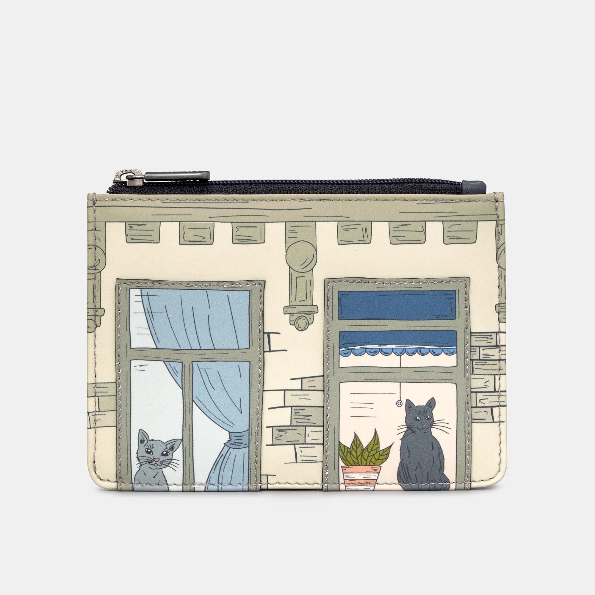 Front view of Purrfect Neighbours grey leather zip top purse with kitten window appliqué design.