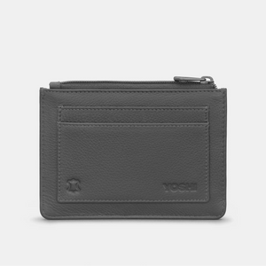 Back view of Purrfect Neighbours soft grey leather purse with RFID protection and card slots by Yoshi.