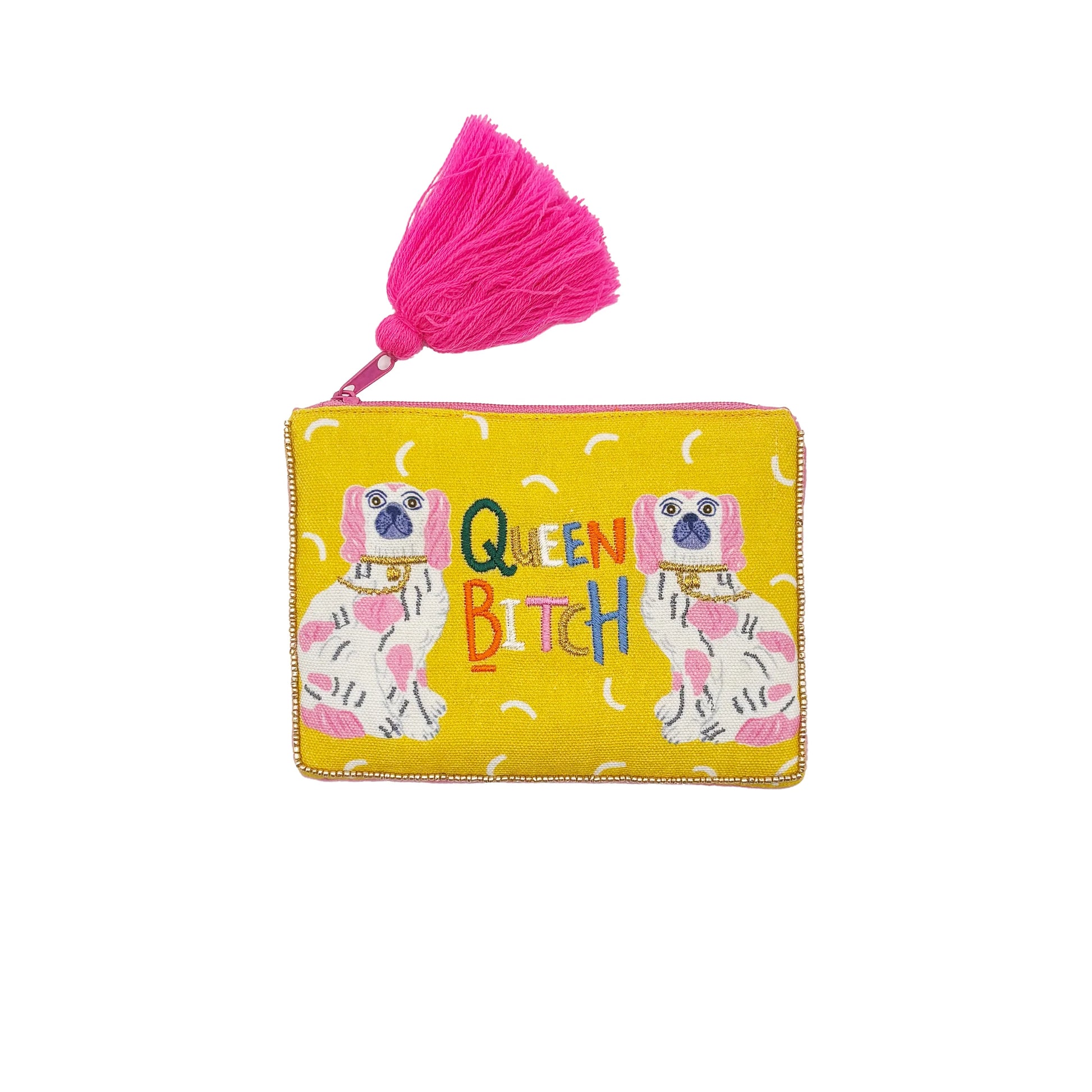 Studio image of Queen Bitch Pouch with bright pink tassel zip pull.