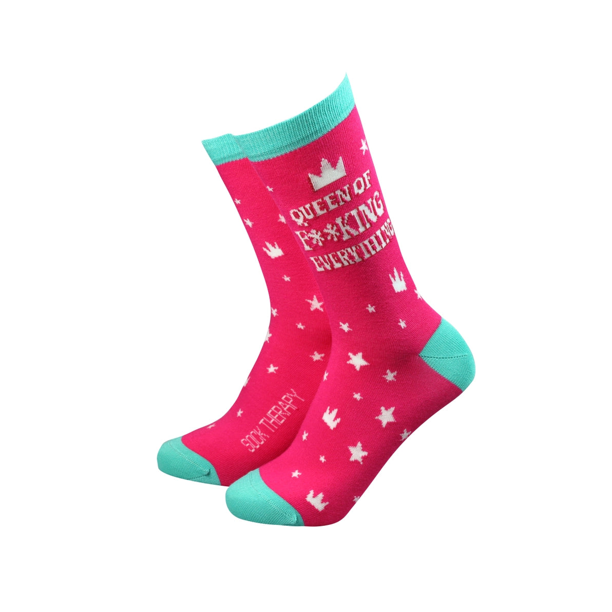 Queen of F**King Everything women’s bamboo socks in hot pink with mint trim and crown motif.
