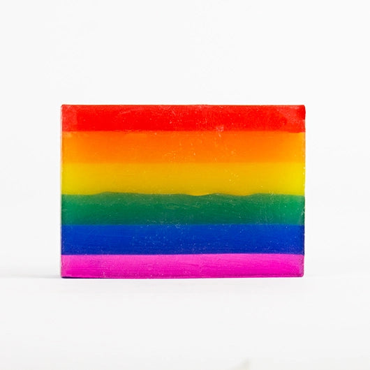 Colourful rainbow soap bar with layered pride stripes.
