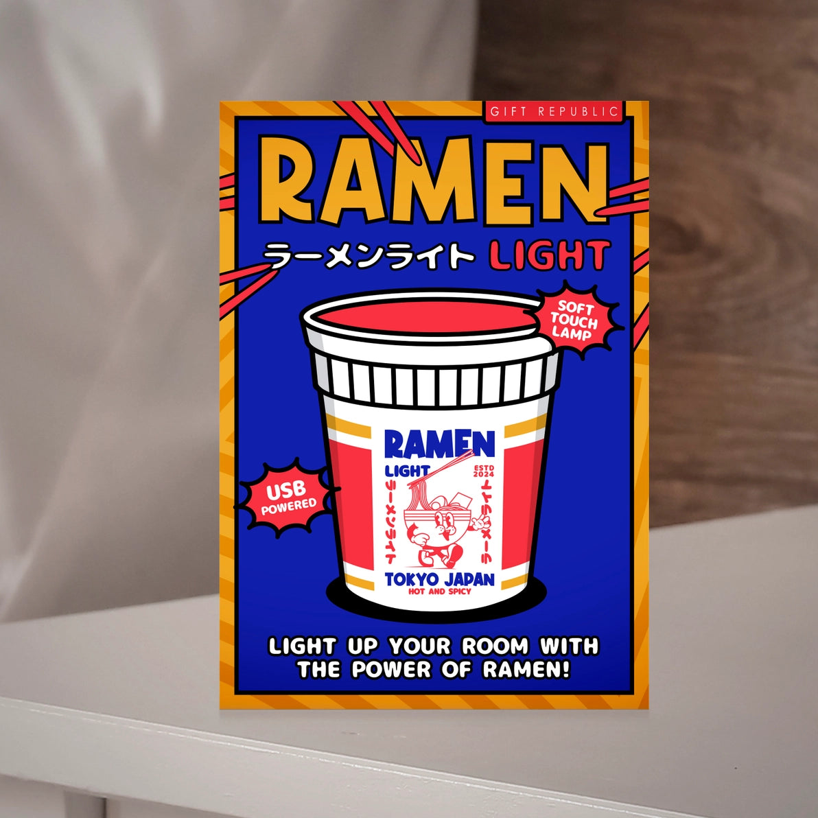Close-up of the Ramen Light showing “Tokyo Japan” design and cartoon ramen bowl on the front.