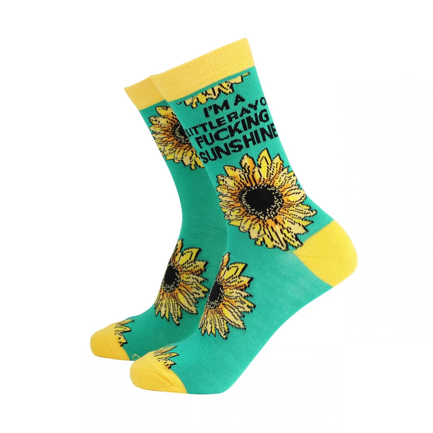 Women’s bamboo socks with sunflower design and text “I’m a little ray of fucking sunshine” in bold black font on a bright teal background with yellow heel and toe.