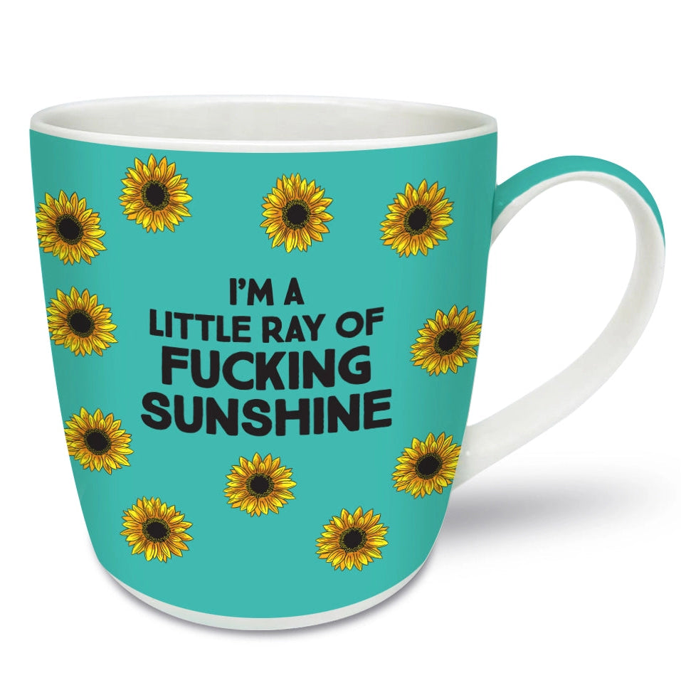 Ray of Sunshine Mug with sunflowers and bold text on teal background in New Bone China.