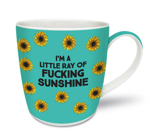 Ray of Sunshine Mug with sunflowers and bold text on teal background in New Bone China.