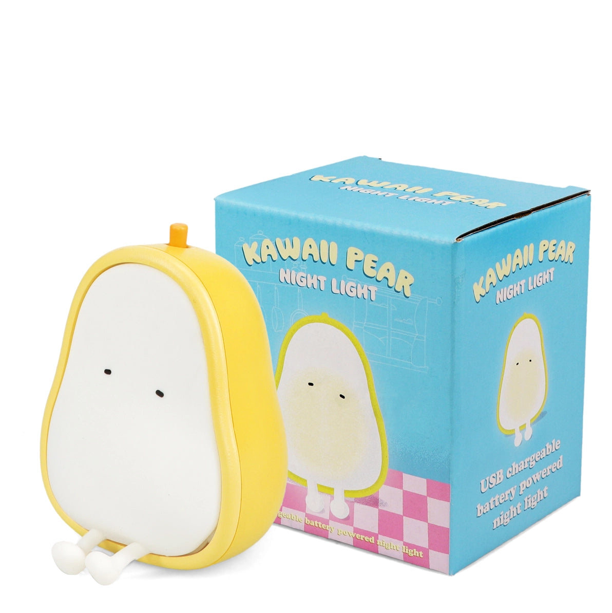 Rechargeable Dimmable Night Light – Kawaii Pear beside its blue packaging box with cute pear illustration.