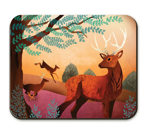 Close-up of a Red Deer Placemat with vibrant autumn colours, cork backing, and a heat-resistant matt-laminate finish.