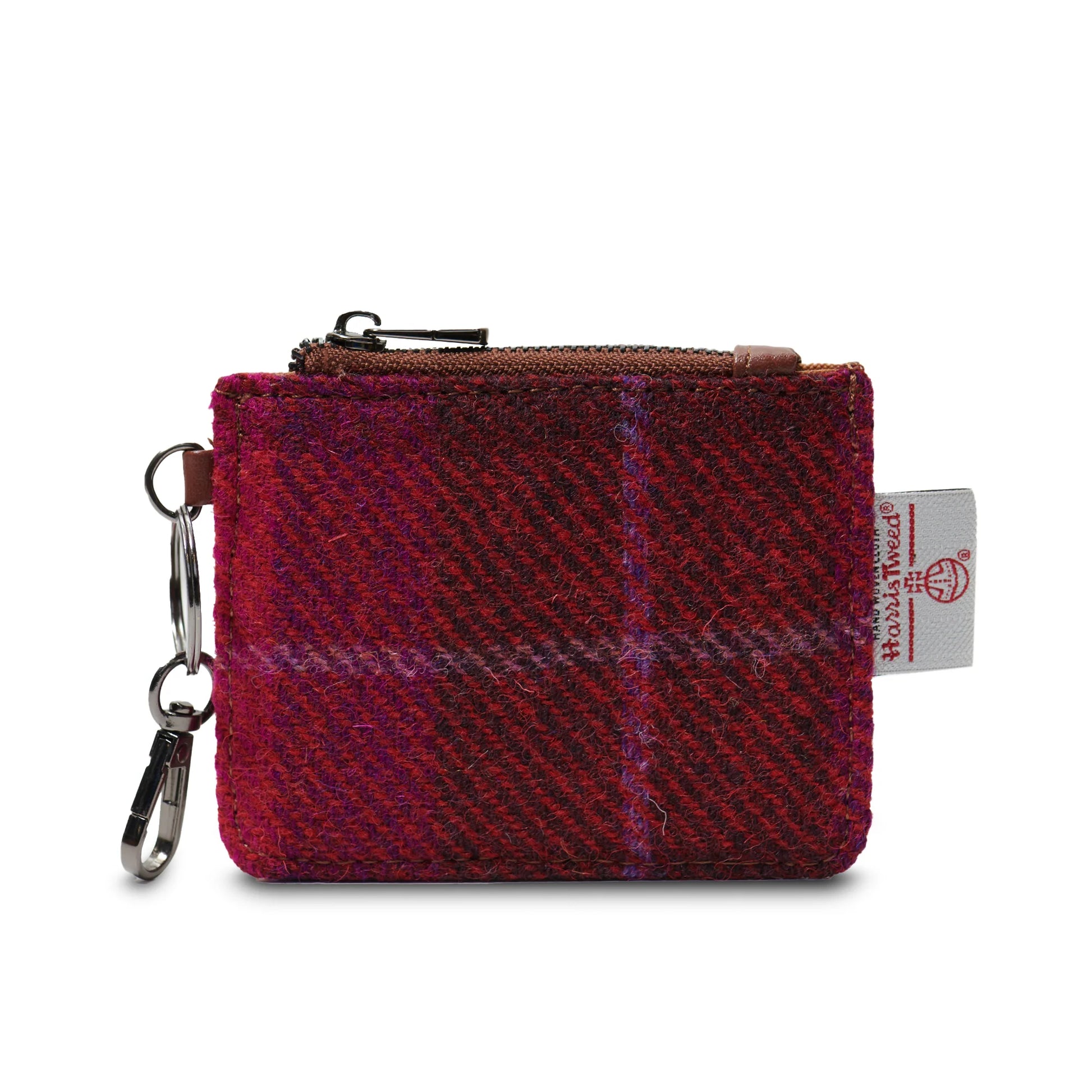 Fuchsia red Harris Tweed® card zip wallet with leather front and keychain by Islander.