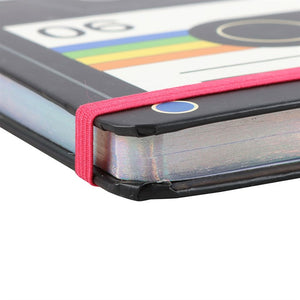 Metallic page edges – Close-up of shimmering metallic page edges with pink elastic strap.