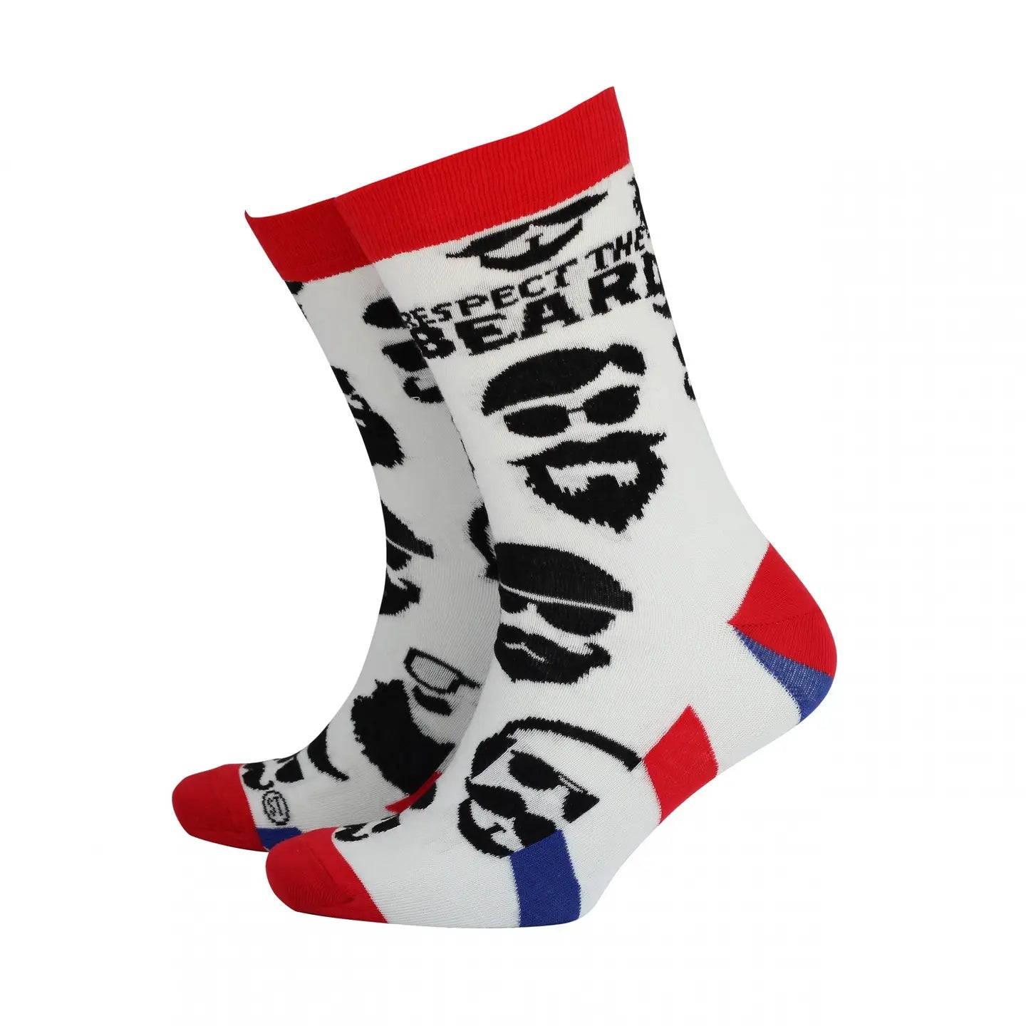 Respect the Beard men’s bamboo socks in white with black beard and sunglasses pattern, red cuffs and heels, blue toe accents – sustainable bamboo socks by Sock Therapy.