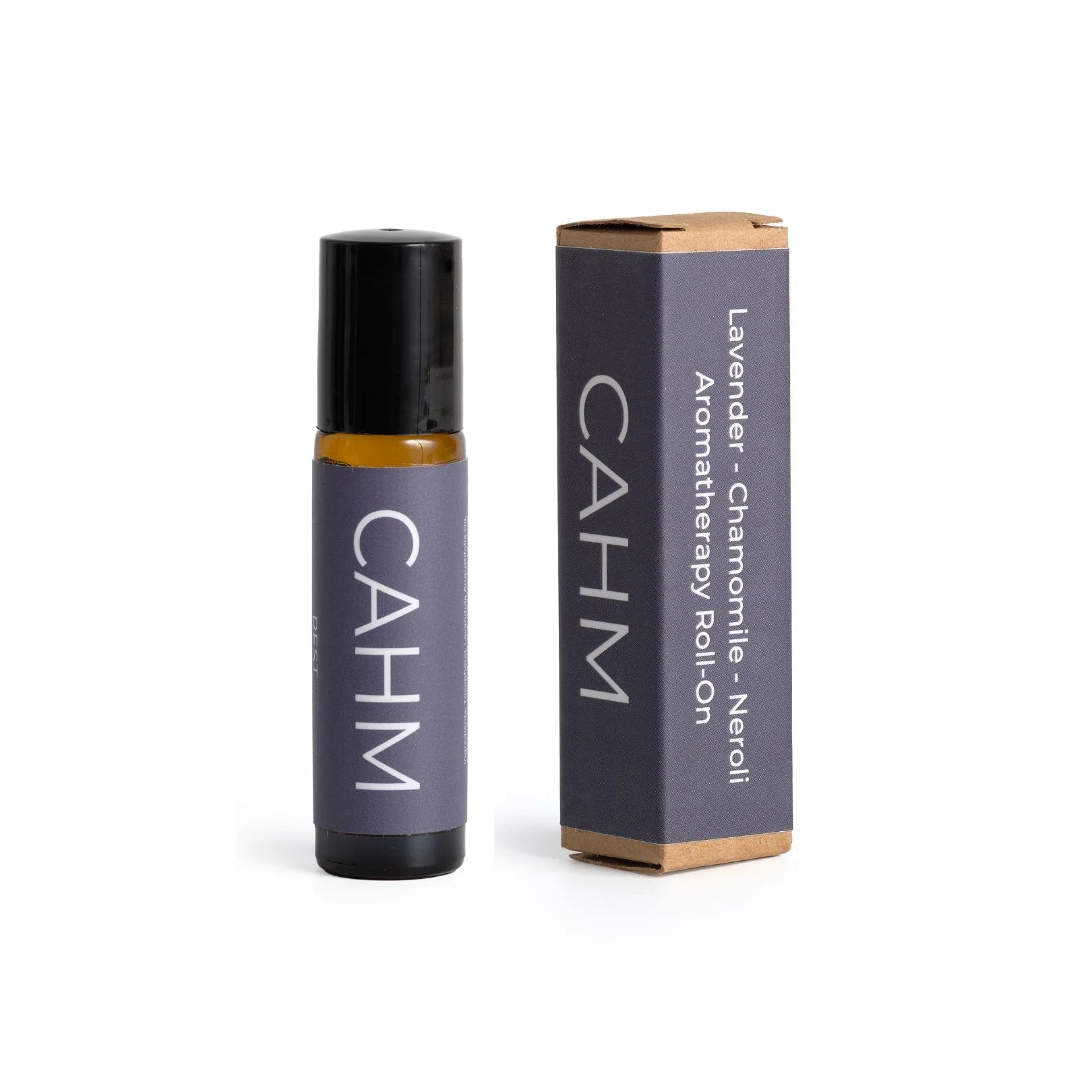 CAHM Rest Aromatherapy Pulse Point Rollerball with lavender, chamomile and neroli essential oils in sleek dark packaging.