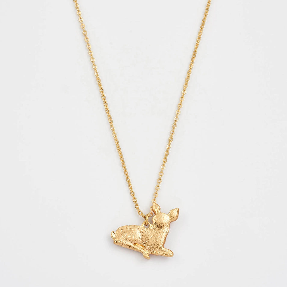 Back view of Resting Fawn Necklace pendant in gold finish.