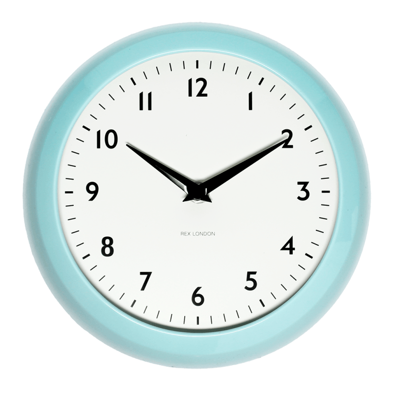 Blue retro wall clock front view showing Arabic numerals