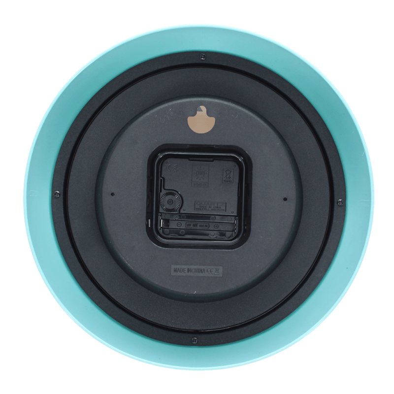 Blue retro wall clock back view showing battery compartment