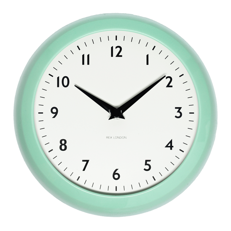Mint-green retro wall clock front view showing Arabic numerals