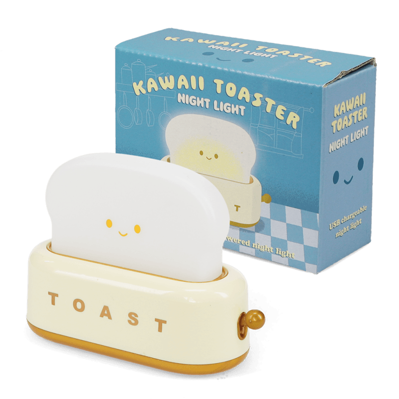 Kawaii toaster night light with packaging box – USB-C powered night light with cute smiley toast.