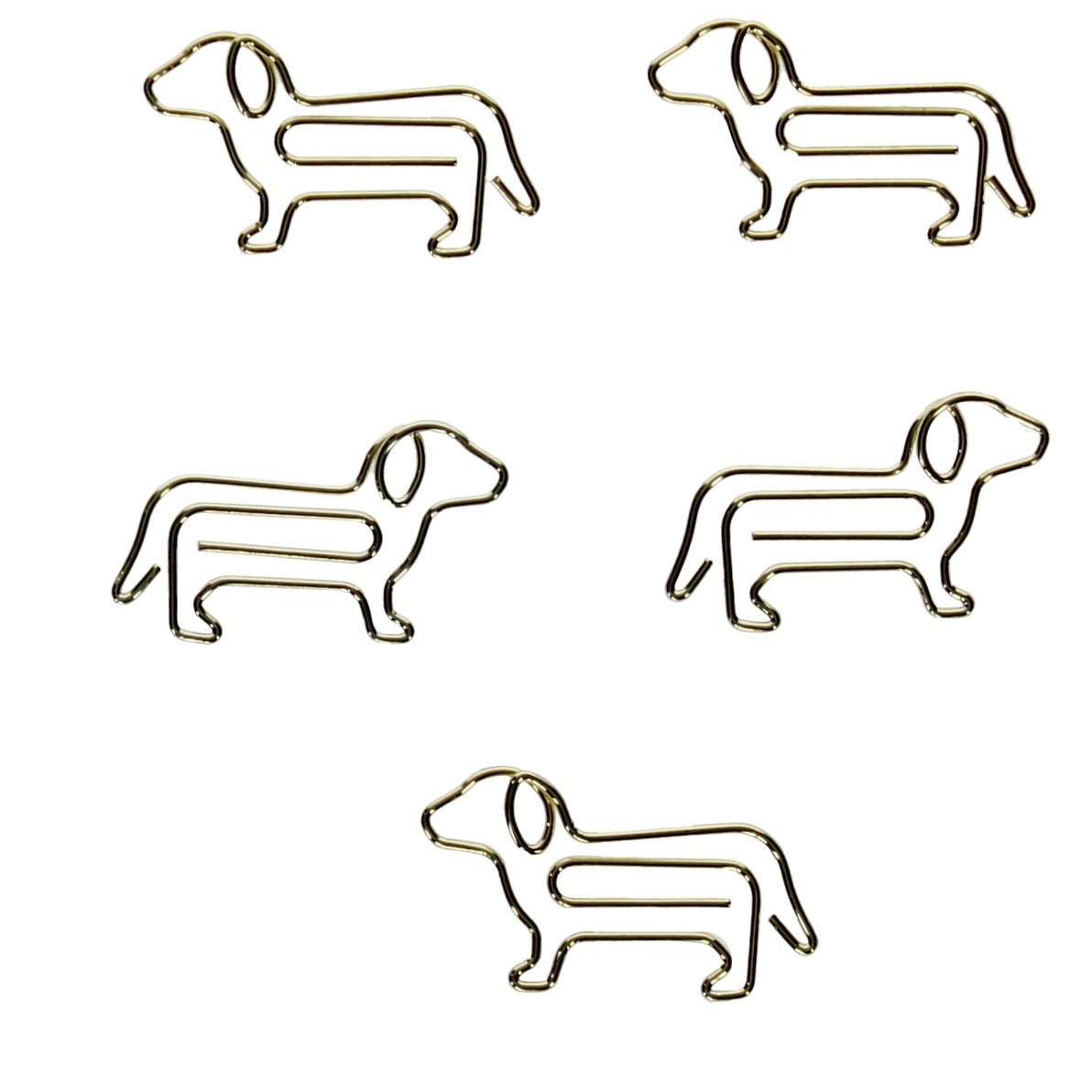 Close-up of five individual gold dog-shaped paper clips laid out on a white background, showing their sleek metal design and charming silhouette detail.